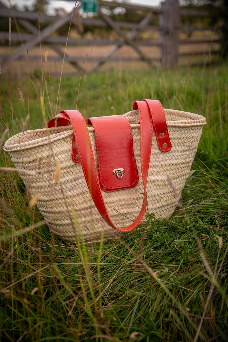 Round Straw Bag Medium Wicker Basket Natural Handles : French 